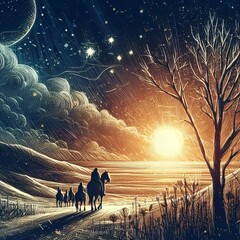 Mystical Night: Horse’s Journey Under the Radiant Moon Amidst Starry Ethereal Skies
