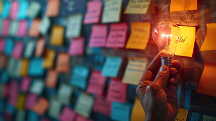 Hand holding glowing light bulb. sticky note at brainstorming board at background. - obrazy, fototapety, plakaty