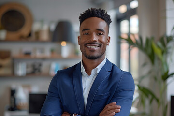 Portrait of a Confident Young African American Businessman Standing in Office in a Blue Business Suit. Successful Corporate Manager Posing for Camera with Crossed Arms, Smiling Cheerfully - obrazy, fototapety, plakaty