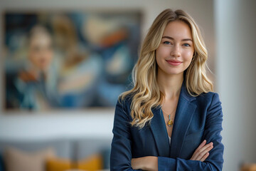 Portrait of a Confident Young Caucasian Businesswoman Standing in Office in a Blue Business Suit. Successful Corporate Manager Posing for Camera with Crossed Arms, Smiling Cheerfully