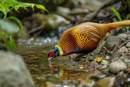 golden pheasant drinking water from a clear forest stream - Powered by Adobe