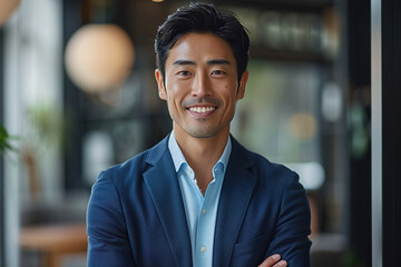 Obraz premium Portrait of a Confident Young Japanese Businessman Standing in Office in a Blue Business Suit. Successful Corporate Manager Posing for Camera with Crossed Arms, Smiling Cheerfully