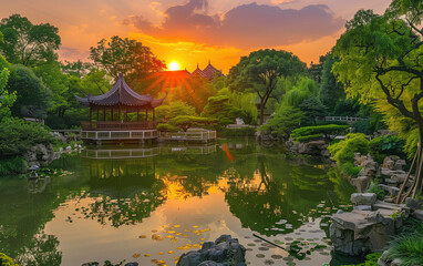Suzhou garden sunset scenery in China,created with Generative AI tecnology.