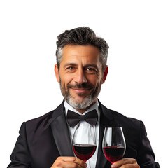 Elegant man in a tuxedo holding two wine glasses