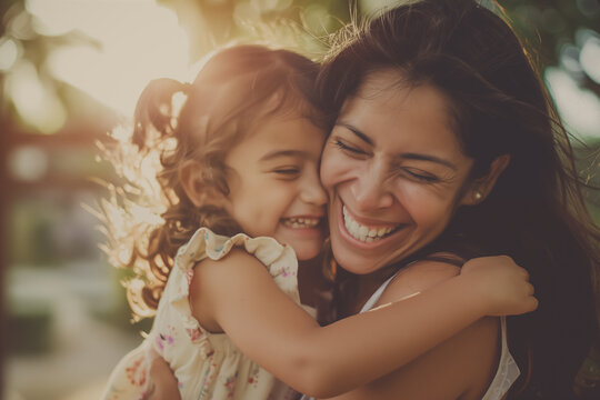 Portrait of smiling and hugging woman and son,  high quality photo with natural soft light in pastel colors
