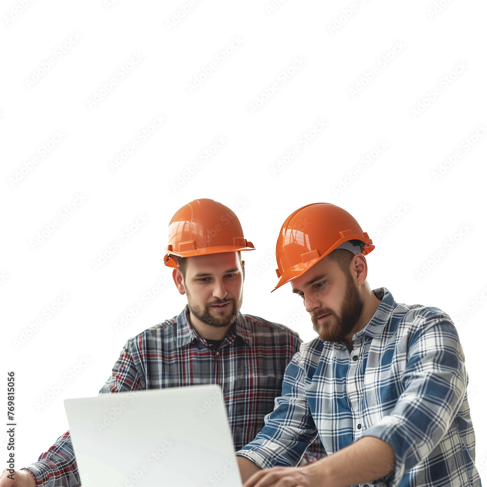 Poster two engineers discussing work on a laptop with a transparent background