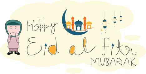 Muslim girl celebration of Happy Eid Al Fitr vector illustrator, illustration for holy month Ramadan celebration, with Eid Mubarak texted design 
