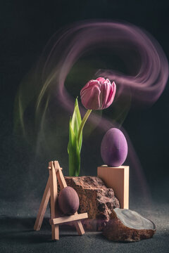 concept spring. freakebana. purple tulip and Easter eggs. easter concept.
