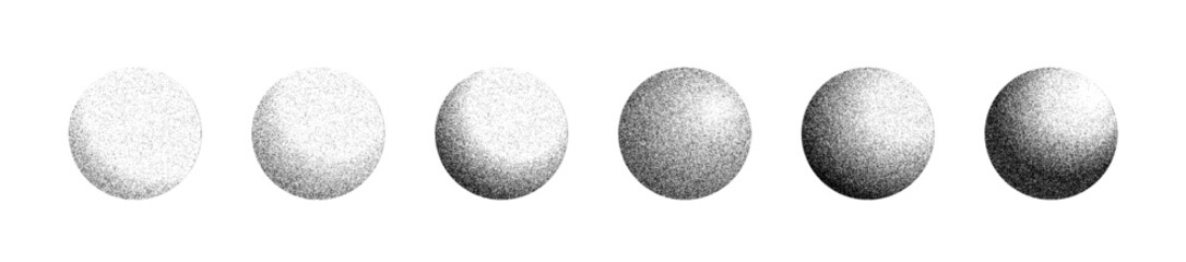 The texture grain noise gradient spheres set is isolated on the white background, grit sand noise overlay, gradient halftone vector texture, spray, and shadows effect illustration.