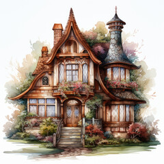Fototapeta premium watercolor Kawaii Gingerbread House clipart, Generative Ai