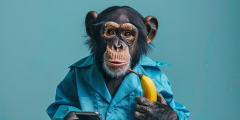 angry monkey wearing blue beach suit holding banana on sky blue background