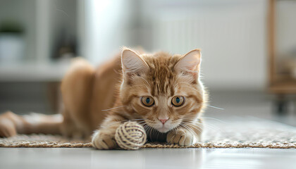 Cute ginger cat playing sisal toy on white floor at white home - obrazy, fototapety, plakaty