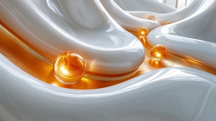 3D abstract background with white and orange elements. White glossy waves with orange glass spheres. Generated by artificial intelligence.