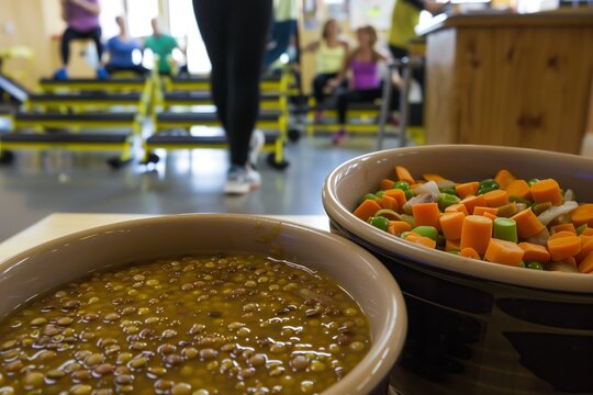 lentil soup in the foreground, aerobic step class in the back