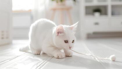 Cute white cat playing sisal toy on white floor at white home - obrazy, fototapety, plakaty