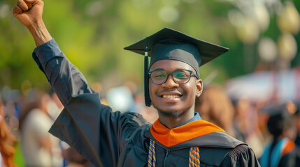 afro american guy university student celebrating his academic success at the graduation ceremony. Education Day