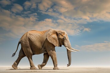 Fototapeta premium An elephant walking on clear landscape with blue sky