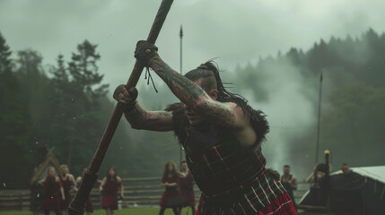 A focused athlete dressed in a kilt participates in a traditional Scottish Highland games, exhibiting strength and cultural heritage - obrazy, fototapety, plakaty