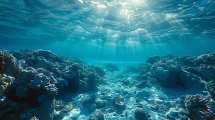 Fototapeta na wymiar Underwater background featuring a deep blue sea with beautiful light rays piercing through the water