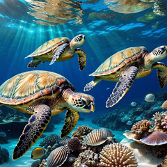 Fototapeta premium A family of sea turtles. generative ai