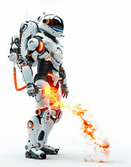 Futuristic robot with orange energy core releasing fire on a white background