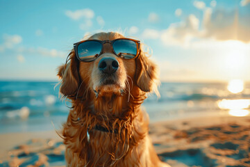 Dog in sunglasses on the beach, seaside happiness, pet sunbathing, summertime relaxation. - obrazy, fototapety, plakaty