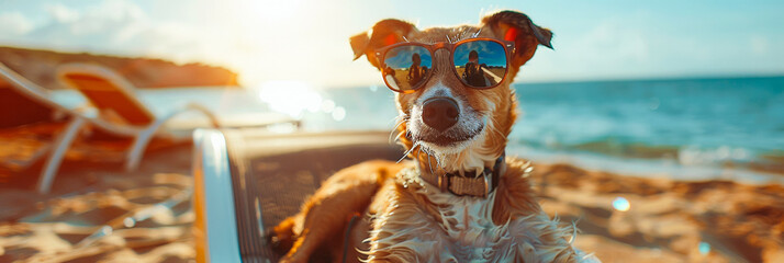 Sea getaway, dog in sunglasses on the beach, finding happiness under the sun. - obrazy, fototapety, plakaty