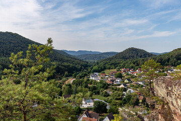 Fototapeta na wymiar Aerial View of Town of Erfweiler seen from Hahnfels in Rockland of Dahn, Rhineland-Palatinate, Germany, Germany