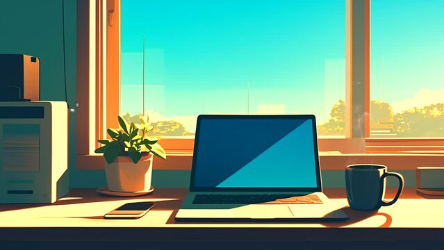 Animation Warm coffee and laptop on the table by the window. seamless looping 4k time-lapse animation video background