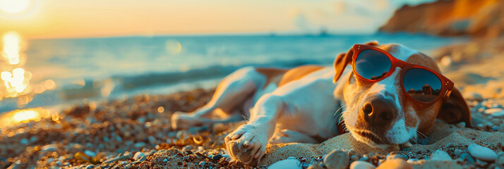 Summer vacation, dog in sunglasses on the beach, enjoying travels by the sea.