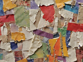 Torn paper collage infused with a spectrum of hues against textured paper backgrounds for dynamic visual interest.