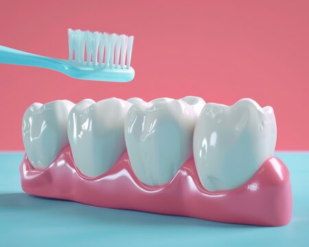 3D illustration showcasing proper toothbrushing technique on a set of white teeth against a pink background.