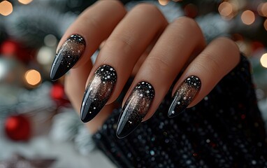 Beautiful woman with black and white nail art, perfect manicure, holding hands in front of the camera, festive atmosphere. generative AI