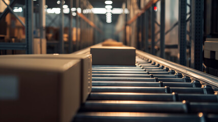 Cardboard Packages on Roller Conveyor in Distribution Center