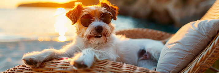 Dog in sunglasses on the beach, soaking up the sun, ocean backdrop, stylish eyewear.