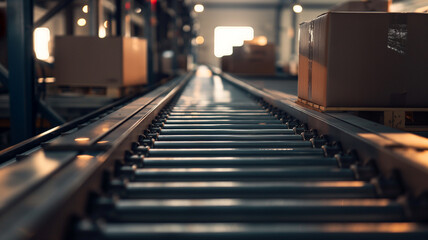 Cardboard Packages on Roller Conveyor in Distribution Center