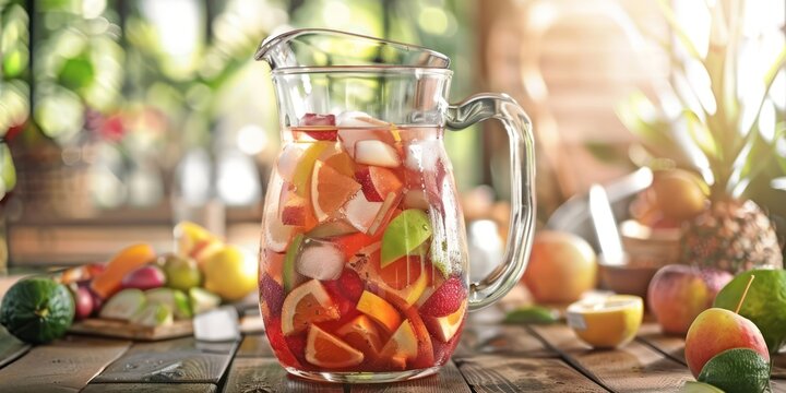 A pitcher of sangria filled with sliced fruits and ice cubes. 
