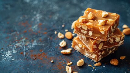Stacked peanut brittle pieces on a blue textured background with scattered nuts and caramel shards. - obrazy, fototapety, plakaty