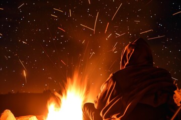 man with hooded blanket by fire watching meteors in sky - obrazy, fototapety, plakaty