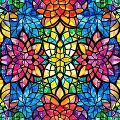 Fototapeta na wymiar Kaleidoscopic Lotus Mosaic: Vibrant Tileable Stained Glass Pattern