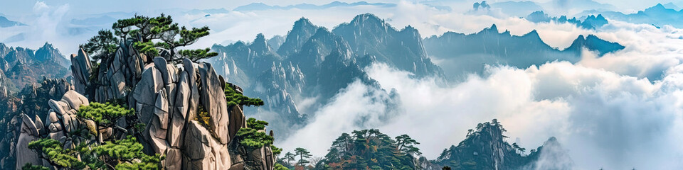 Landscape banner of clouds, sea, fog and pine trees in Huangshan, Anhui, China,created with Generative AI tecnology. - obrazy, fototapety, plakaty