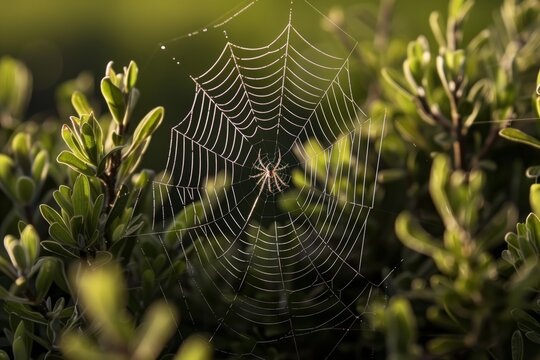 spider spinning web between branches of a bush