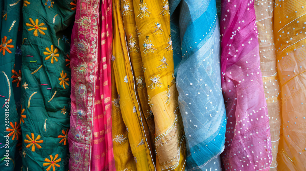 Poster close-up of an array of vibrant and intricately designed indian sarees displayed in a textile shop