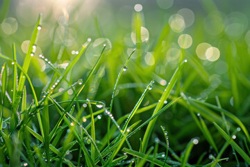 Fototapeta na wymiar Dewdrops on Grass in the Early Morning: Indicating the Start of a New Day and the Delicate Beauty of Nature