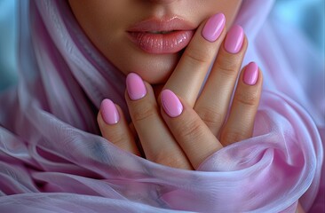 Beautiful woman's hands with pink nail polish on her fingernails wrapped in light purple fabric, in the style of closeup view. Generative AI