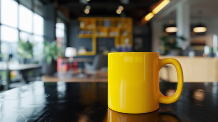 Bright yellow mug on a dark glossy table in a spacious cafe - Powered by Adobe