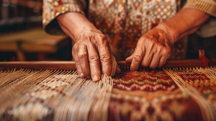 Close-up of elderly hands weaving on a traditional loom with intricate patterns. - Powered by Adobe