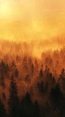 Sunrise over a misty forest, warm hues, drone view, high contrast. 
