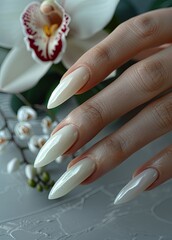 Beautiful woman's hands with white manicure on gray background, a nail file and orchid flower nearby, a closeup view of beautiful shiny long nails, a beauty concept, spa treatment. Generative AI
