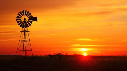 A windmill silhouetted against a vibrant sunset sky with hues of orange and yellow.